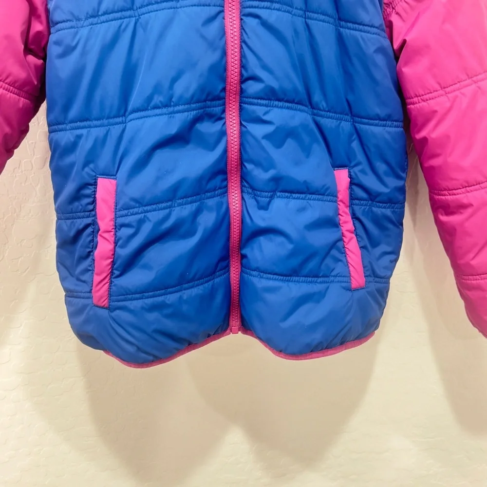 Eddie Bauer Puffer Jacket Girls 10/12 Pink Blue Hooded Winter Snow Warm Fleece
